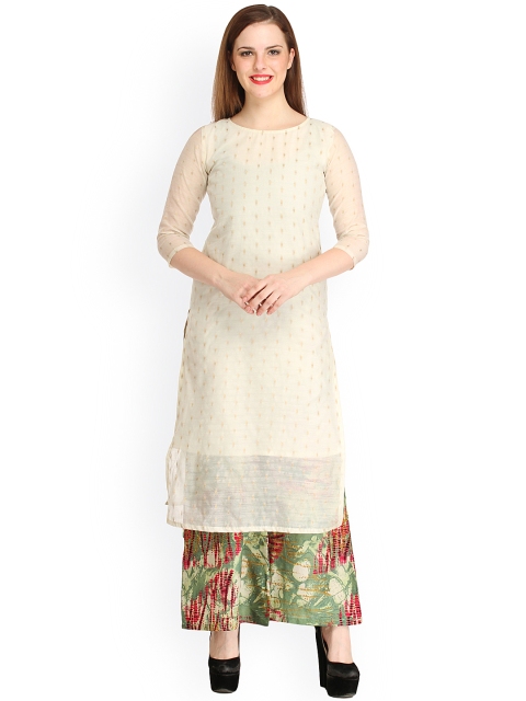 

Cottinfab Women White Woven Design Straight Kurta