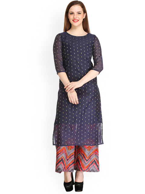 

Cottinfab Women Navy Woven Design Straight Kurta, Navy blue