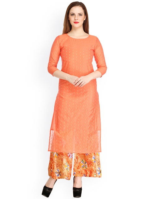 

Cottinfab Women Orange Woven Design Straight Kurta