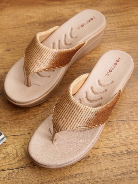 

FOOTSOUL Women Gold-Toned Textured Open Toe Flats