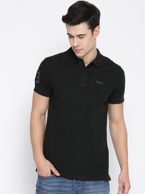 

BLEND Men Black Solid Slim Polo Collar T-shirt