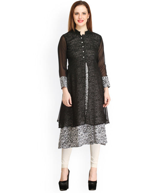 

Cottinfab Women Black Printed Layered A-Line Kurta