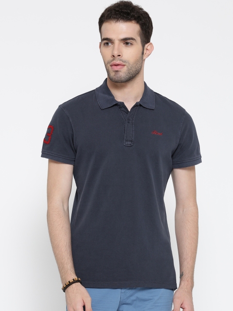 

BLEND Men Navy Solid Slim Fit Polo Collar Pure Cotton T-shirt, Navy blue