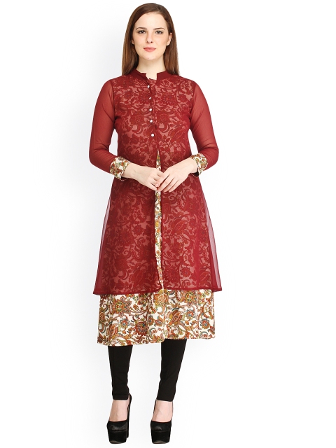 

Cottinfab Women Maroon Layered Printed A-Line Kurta