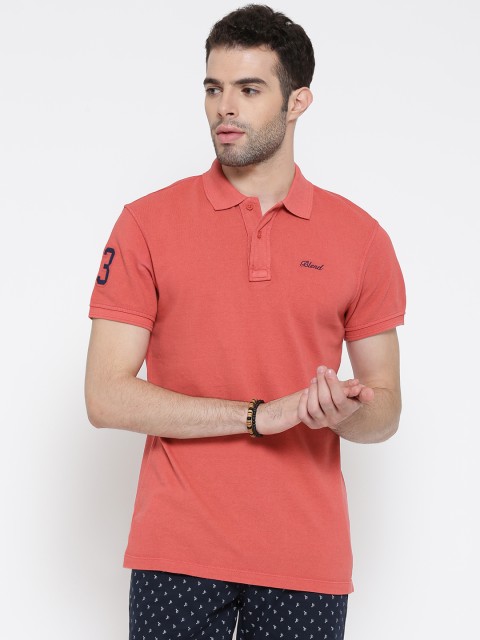 

BLEND Men Coral Orange Solid Slim Polo Collar T-shirt