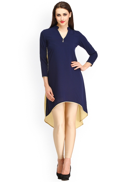 

Cottinfab Women Navy & Beige Solid High-Low Kurta, Navy blue