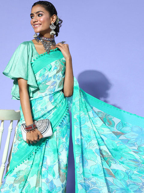 

Tikhi Imli Floral Saree with Solid border, Blue