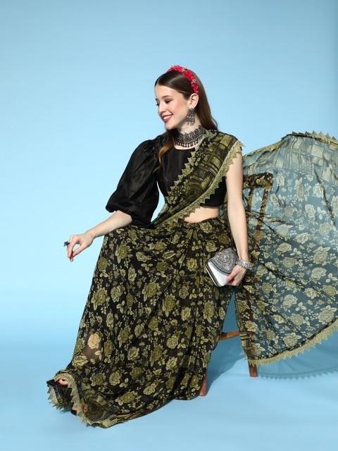 

Tikhi Imli Floral Saree with Solid border, Black