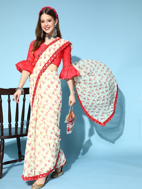

Tikhi Imli Floral Saree with Solid border, White