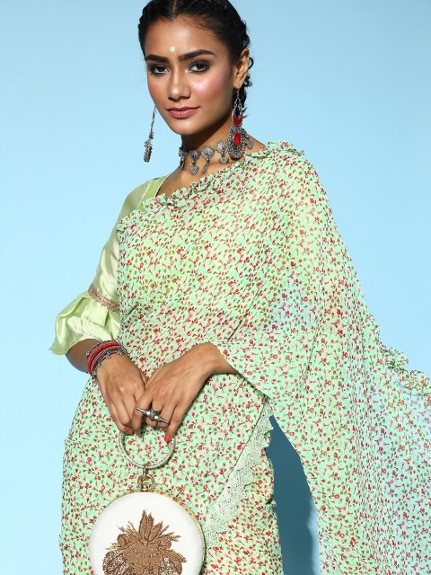 

Tikhi Imli Floral Saree with Woven Design border, Green