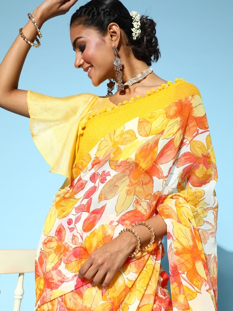 

Tikhi Imli Floral Saree with Printed Border, Yellow