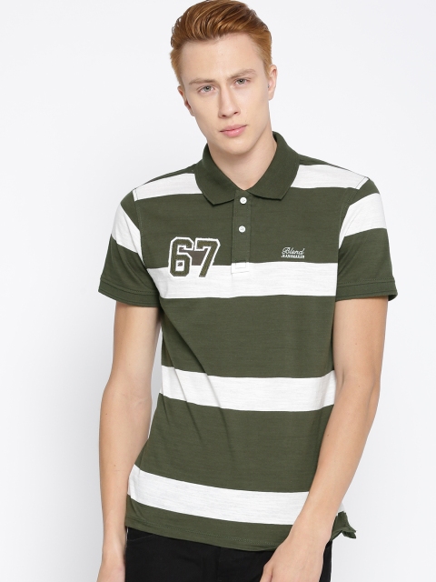 

BLEND Men Olive Green Striped Slim Polo Collar T-shirt
