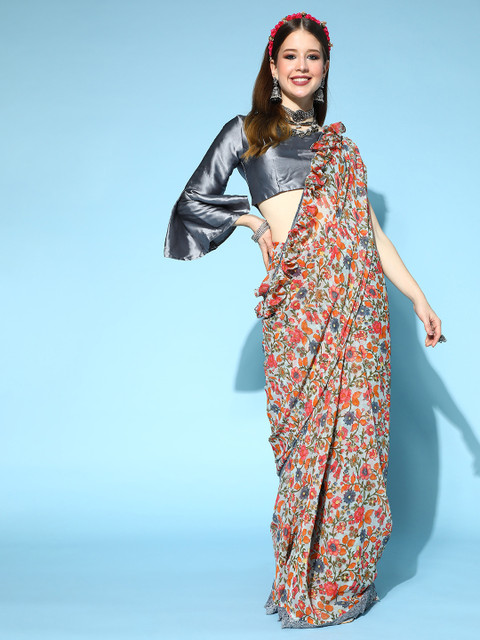 

Tikhi Imli Floral Saree with Woven Design border, Grey