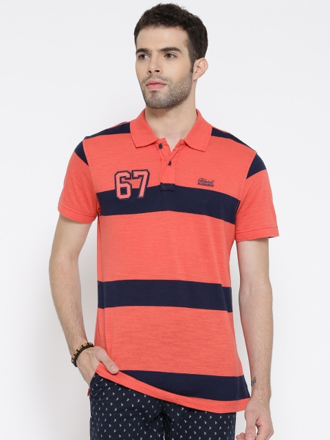 

BLEND Men Coral Orange Striped Slim Polo Collar T-shirt