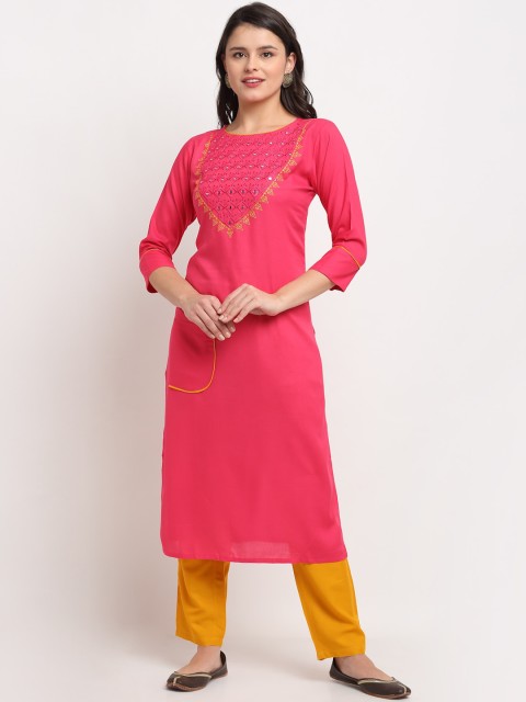 

The Mini NEEDLE Women Pink & Yellow Embroidered Thread Work Kurta with Trousers
