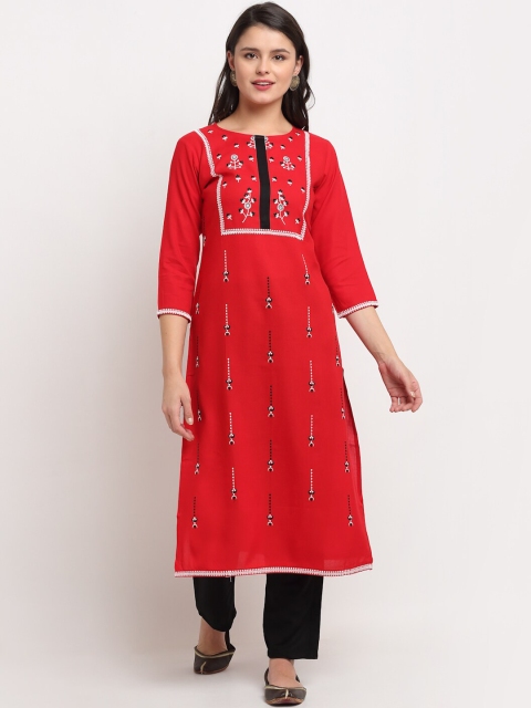 

The Mini NEEDLE Women Red Ethnic Motifs Embroidered Thread Work Kurti with Palazzos