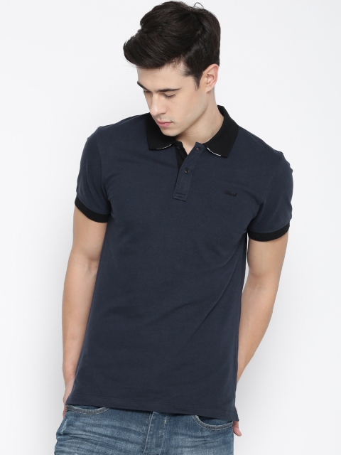 

BLEND Men Navy Blue Solid Slim Polo Collar T-shirt