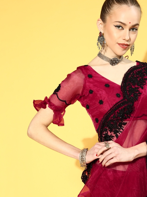 

Tikhi Imli Solid Saree with Embroidered Border, Fuchsia