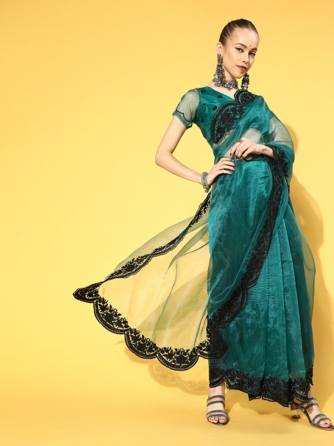 

Tikhi Imli Solid Saree with Embroidered Border, Green