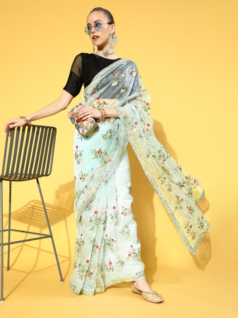 

Tikhi Imli Floral Saree with Embellished Border, Blue