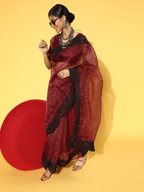 

Tikhi Imli Solid Saree with Embroidered Border, Maroon