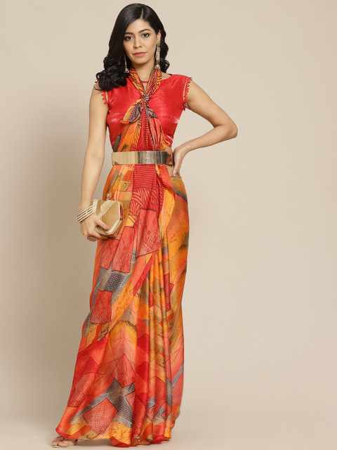 

Tikhi Imli Orange Printed Crepe Sare