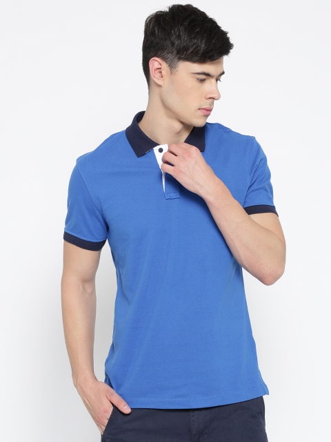 

BLEND Men Blue Solid Slim Polo Collar T-shirt