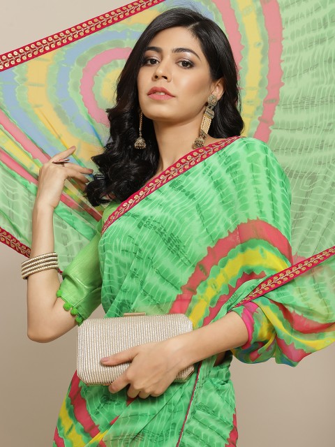 

Tikhi Imli Green Tie and Dye Printed saree with bling border Saree
