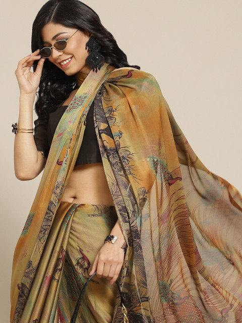 

Tikhi Imli Mustard Brown & Maroon Ethnic Motifs Saree
