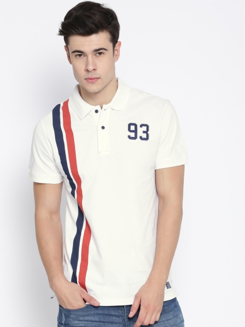

BLEND Men Off-White Striped Detail Slim Polo Collar T-shirt