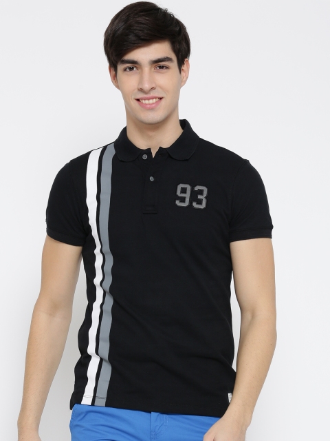

BLEND Men Black Striped Polo Collar Pure Cotton T-shirt