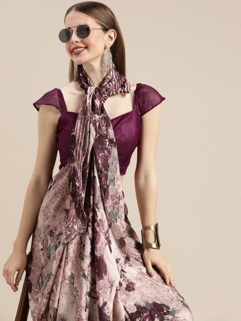 

Tikhi Imli Burgundy & Pink Floral Print Saree