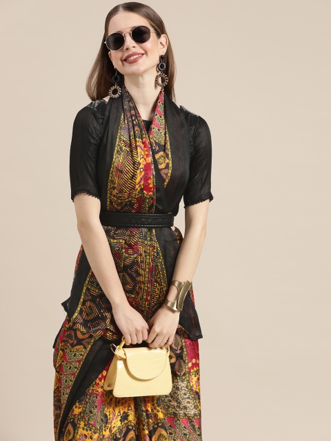 

Tikhi Imli Mustard Yellow & Black Ethnic Motifs Print Saree