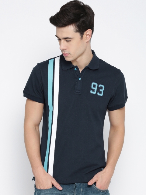 

BLEND Men Navy Blue Striped Detail Slim Polo T-shirt