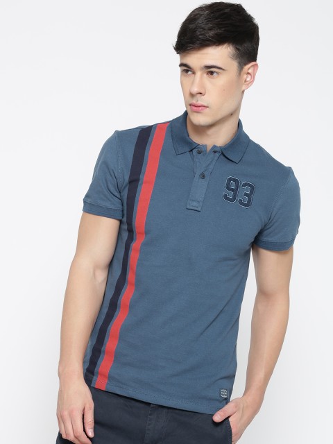

BLEND Men Blue Solid Slim Polo Collar T-shirt