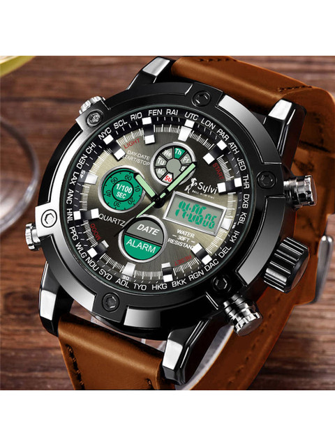 

Sylvi Men Black Patterned Dial & Leather Straps Analogue and Digital Watch 3022-Brown1