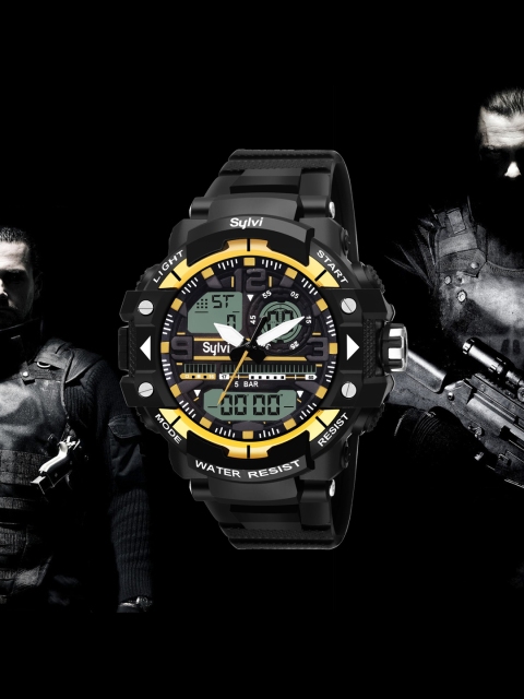 

Sylvi Men Black Embellished Dial & Straps Analogue and Digital Watch 1606-Gold1, Gold