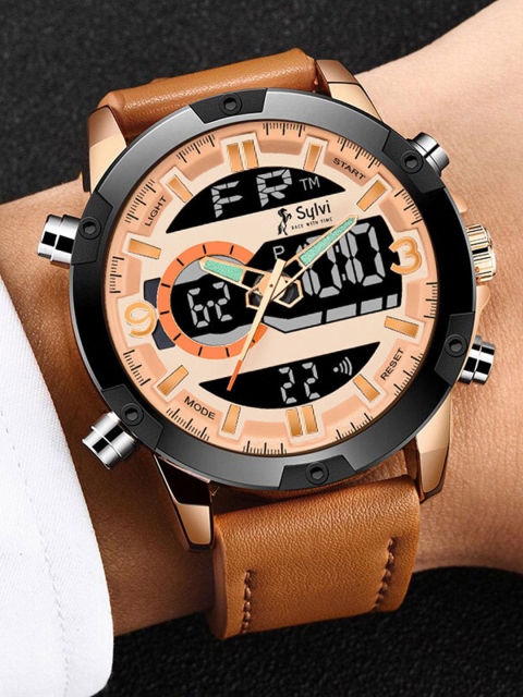 

Sylvi Men Rose Gold-Toned Patterned Dial & Straps Analogue and Digital Watch 9097-Rosegold-Brown1, Brown
