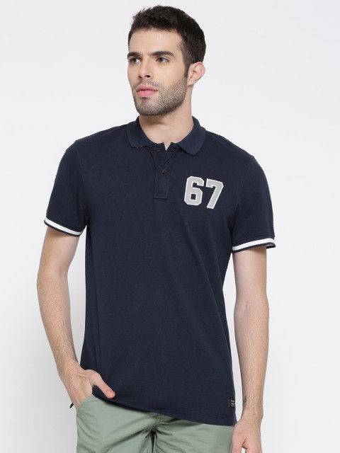 

BLEND Men Navy Solid Slim Fit Polo Collar T-shirt, Navy blue