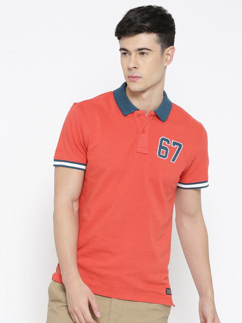 

BLEND Men Coral Red Solid Slim Fit Polo Collar T-shirt