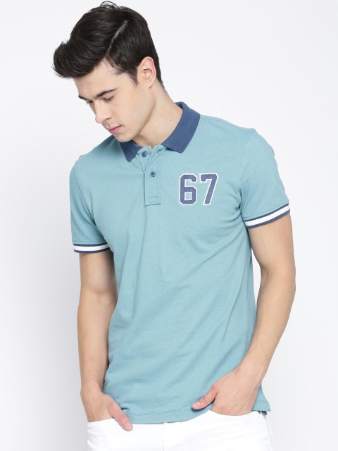 

BLEND Men Blue Solid Slim Fit Polo Collar T-shirt