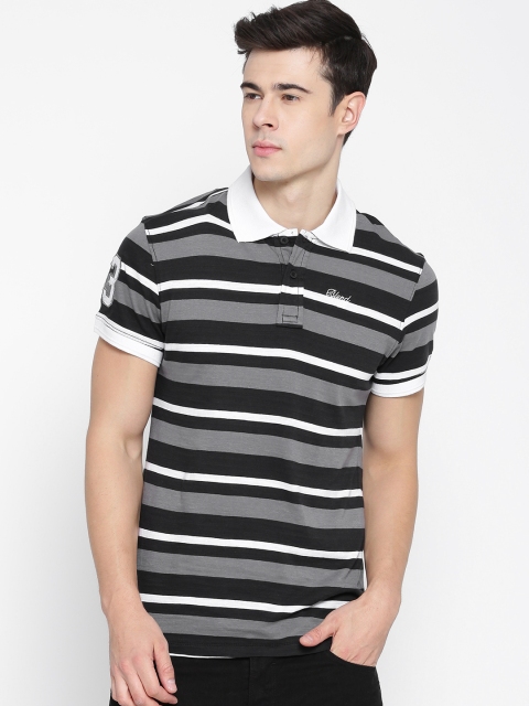 

BLEND Men Grey & Black Striped Slim Fit Polo Collar T-shirt