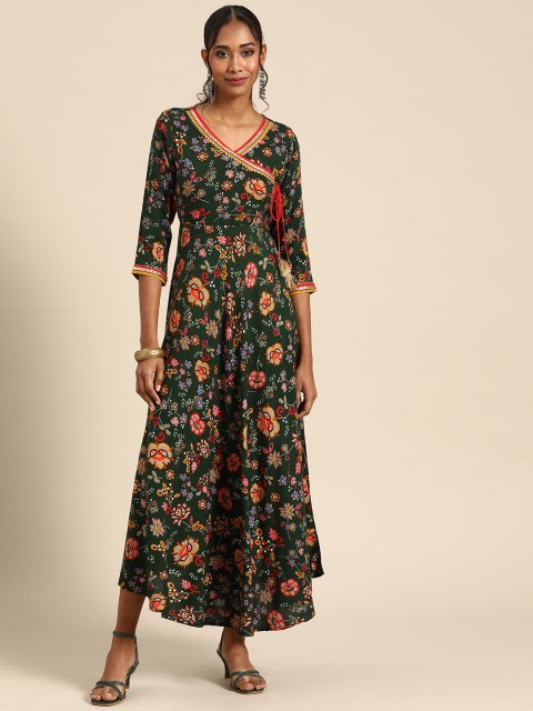

RANGMAYEE Green & Red Floral Liva Ethnic A-Line Maxi Dress