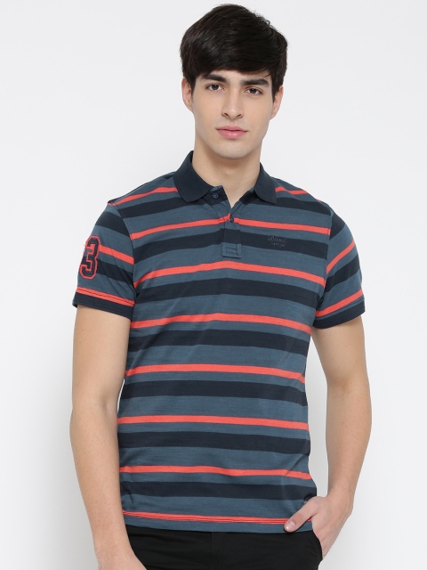 

BLEND Men Blue Striped Slim Fit Polo Collar T-shirt