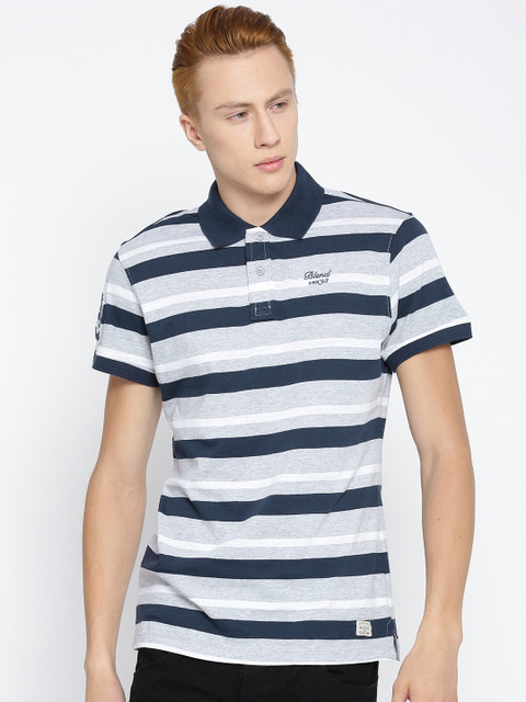 

BLEND Men Grey Melange Striped Slim Polo Collar T-shirt