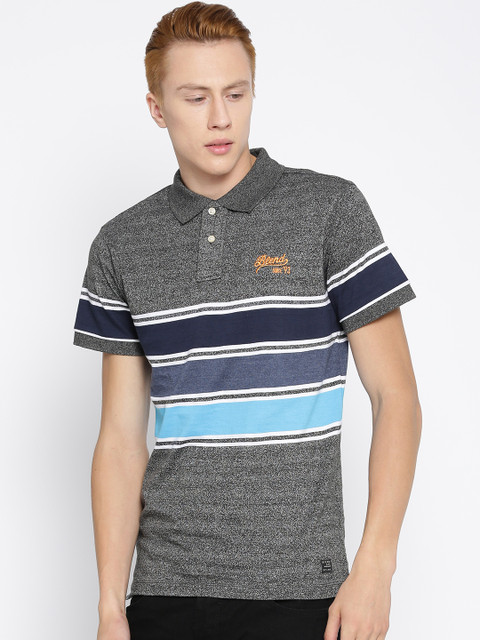 

BLEND Men Charcoal Grey Striped Slim Polo Collar T-shirt