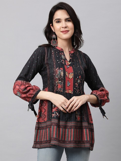 

FASHOR Black & Red Print Sequined Mandarin Collar Top