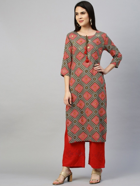 

FASHOR Women Red & Khaki Coloured Geometric Sequined Bandhani Printed Kurta