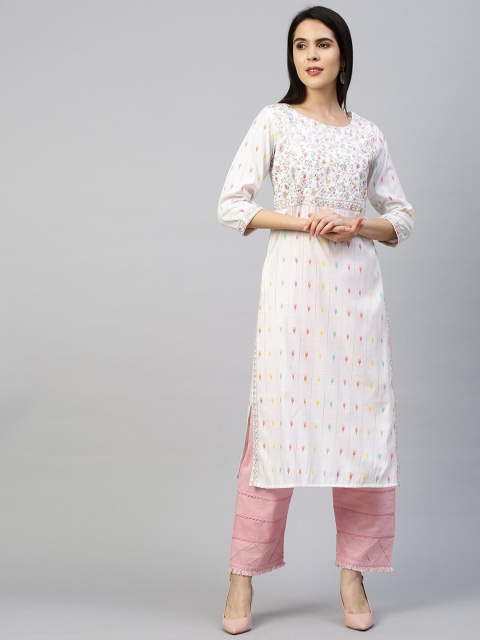 

FASHOR Women White Ethnic Motifs Printed Thread Work Kurta