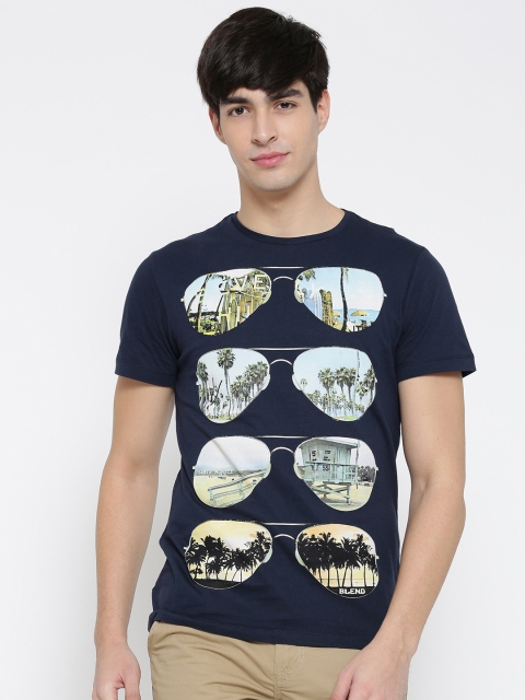 

BLEND Men Navy Printed Slim Fit Round Neck T-shirt, Navy blue